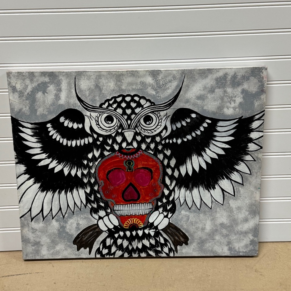 Owl Grayscale With Red And Blue Accents Tattoo Idea